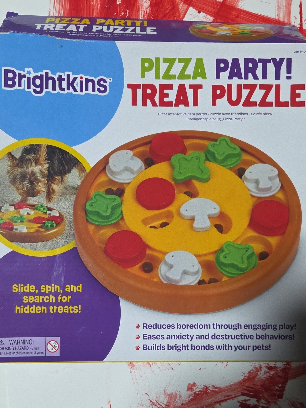 Brightkins Pizza Party Dog Treat Puzzle - Orange, Yellow, Red, Green, White